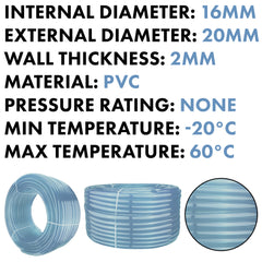 Clear Flexible Hose Pipe 16mm Inside Diameter / 20mm Outside Diameter