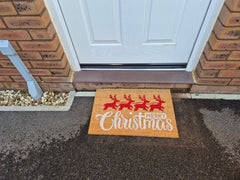 Doormat 60cm x 40cm - 'Merry Christmas' (Red/Silver) - Absorbent Coir Mat for Indoor/Outdoor