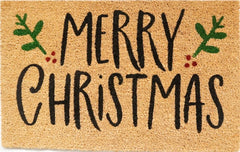 Doormat 60cm x 40cm -  'Merry Christmas' (Holly) - Absorbent Coir Mat for Indoor/Outdoor