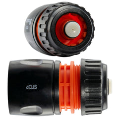 Female Hose Connector With Stop, 1/2" or 5/8" Hose, Black/Orange