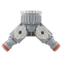 2-Way Tap Connector With Valves 1" or 3/4" BSP Female, Gray/White