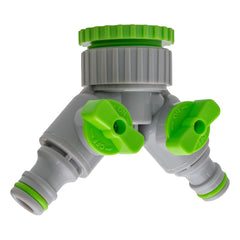 2-Way Tap Connector With Valves 1" or 3/4" BSP Female, Green/Gray