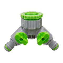 2-Way Tap Connector With Valves 1" or 3/4" BSP Female, Green/Gray