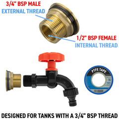 Water Butt Brass Kit 3/4" with Black Dial Tap and Drill Bit