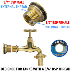 Water Butt Brass Kit 3/4" with 15mm Barbed Polished Brass Tap and Drill Bit