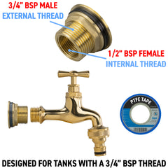 Water Butt Brass Kit 3/4" with Quick Connect Polished Brass Tap and Drill Bit