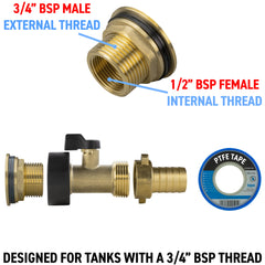 Water Butt Brass Kit 3/4" with Brass Valve + 19mm Barb