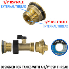 Water Butt Brass Kit 3/4" with Brass Valve + Geka