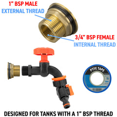 Water Butt Brass Kit 1" with Black Dial Tap + Two-Way Splitter