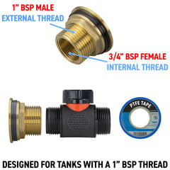 Water Butt Brass Kit 1" with 3/4" BSP In-Line Valve