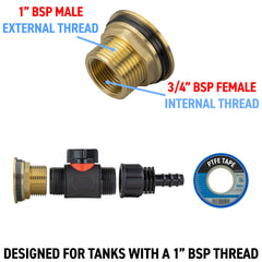 Water Butt Brass Kit 1" with In-Line Valve + 16mm Barb