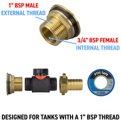 Water Butt Brass Kit 1" with In-Line Valve + 3/4" Brass Barb