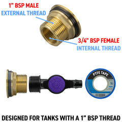 Water Butt Brass Kit 1" with 13mm Barb Irrigation Valve