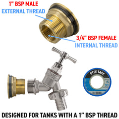 Water Butt Brass Kit 1" with Nickel Plated Barbed Tap and Drill Bit