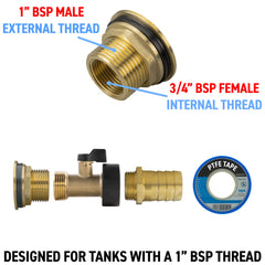Water Butt Brass Kit 1" with Brass Valve + 25mm Barb and Drill Bit