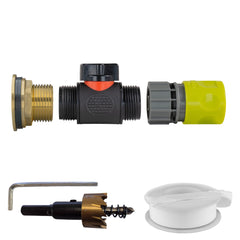 Water Butt Brass Kit 1" with In-Line Valve + Female Quick Connector Lime and Drill Bit