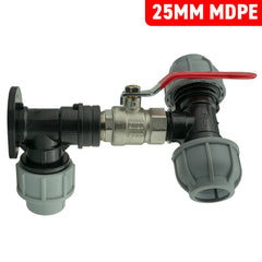 Wall Flange Kit 25mm MDPE + Lever Valve + 25mm MDPE Tee