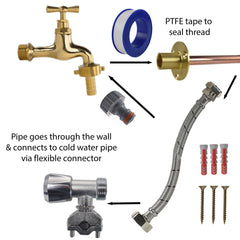 Polished Brass 13mm Barb Tap FULL Connection Kit