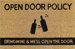 Doormat 60cm x 40cm - 'Open Door Policy Bring Wine & We'll Open The Door' - Absorbent Coir Mat for Indoor/Outdoor