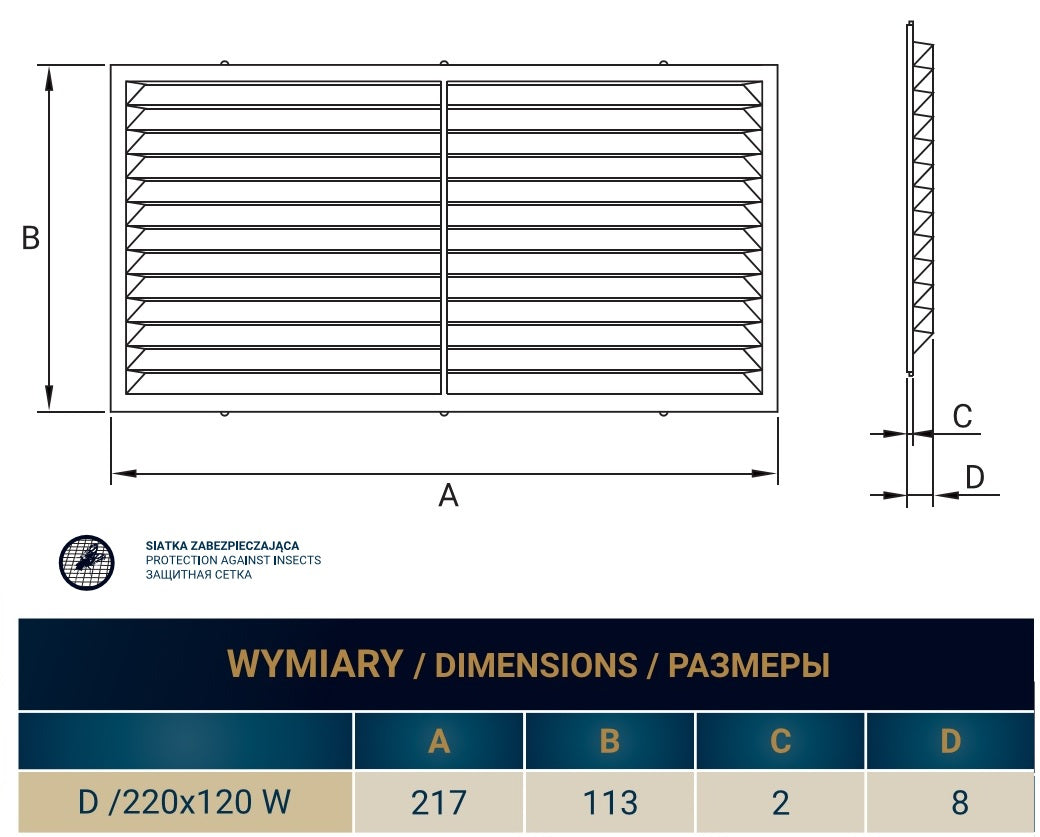 Louvre Vent  D/220X120W Classic 220mm X 120mm with Fly Screen