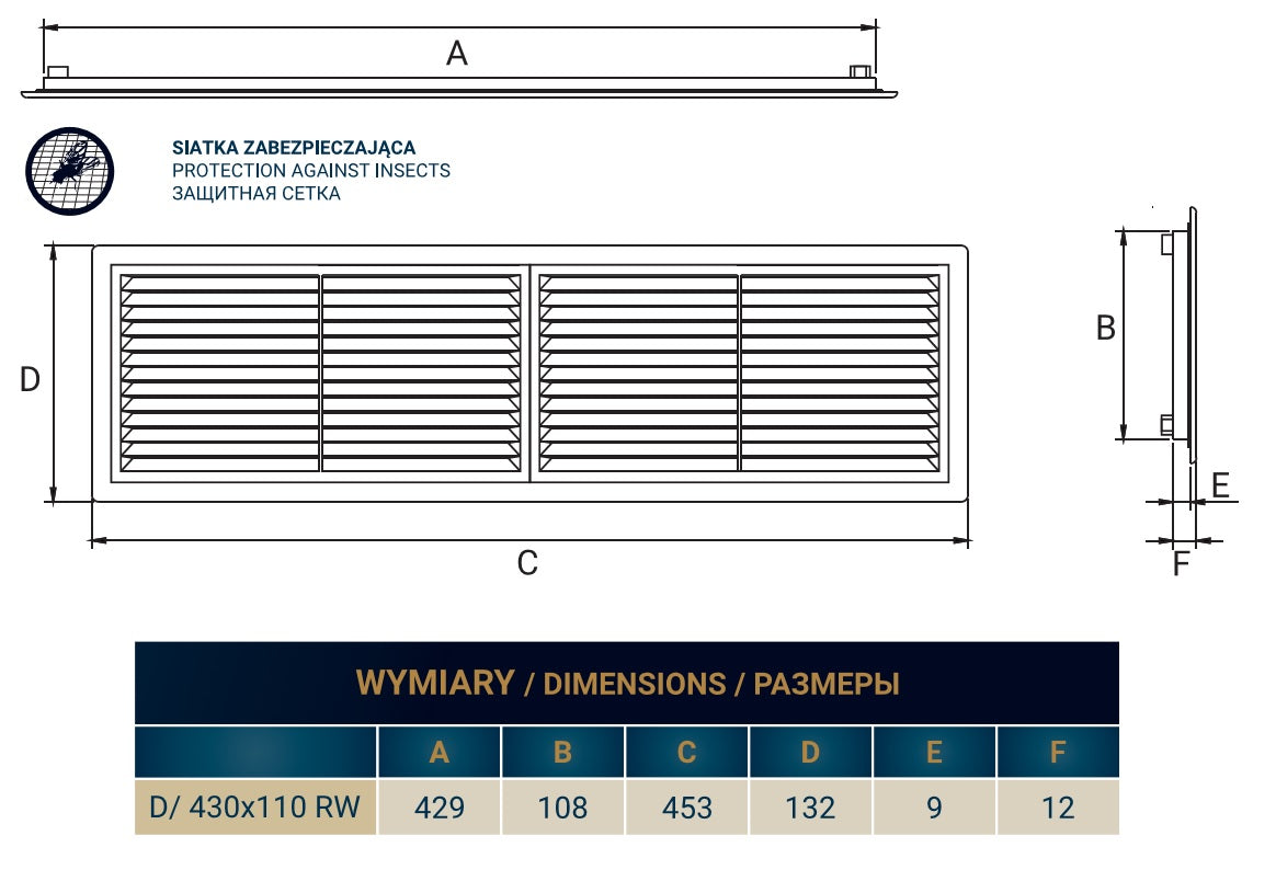 Louvre Vent D/430X110RW Classic 430mm X 110mm with Fly Screen