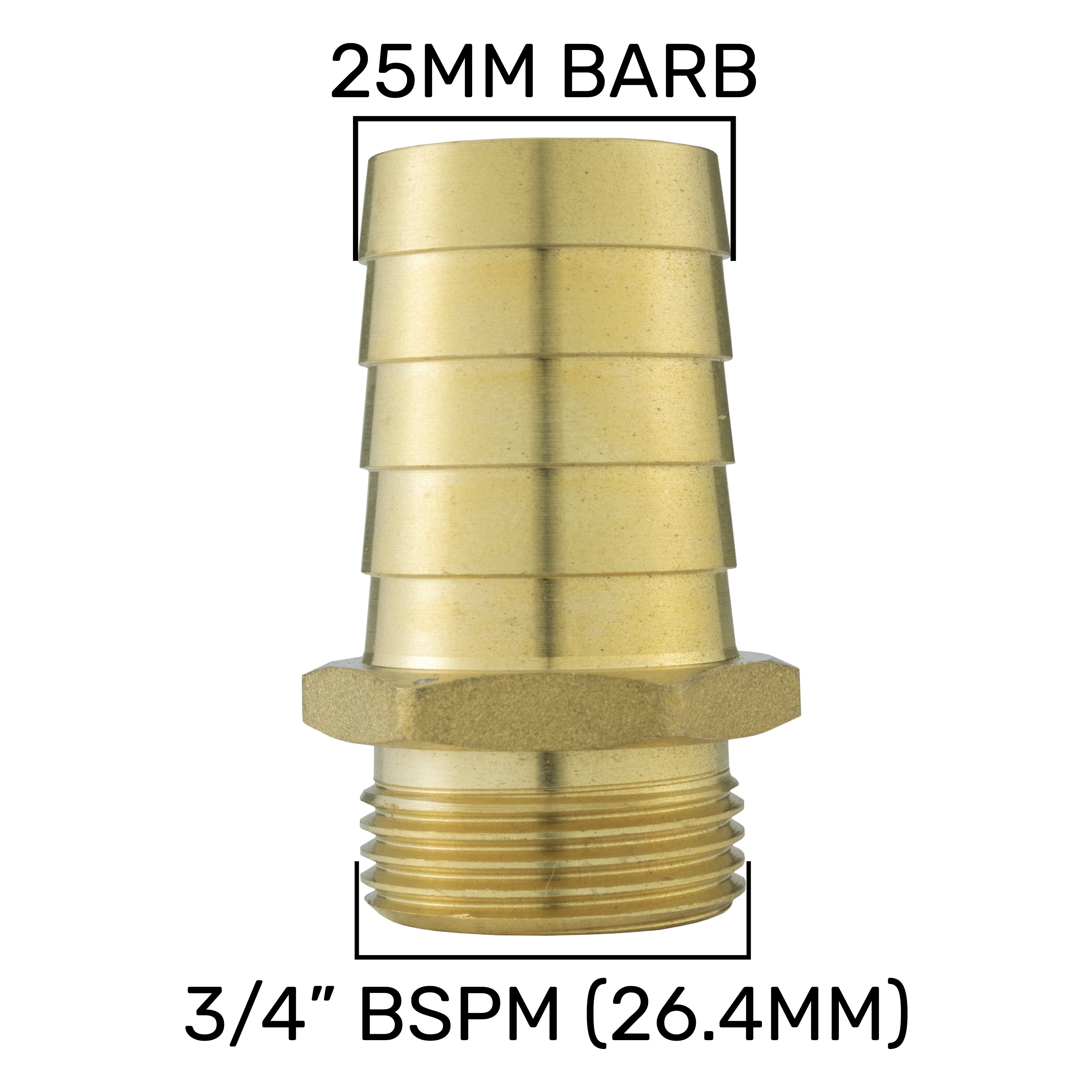 19mm Brass Barb with In-Line BSPF Valve and 25mm Brass Barb