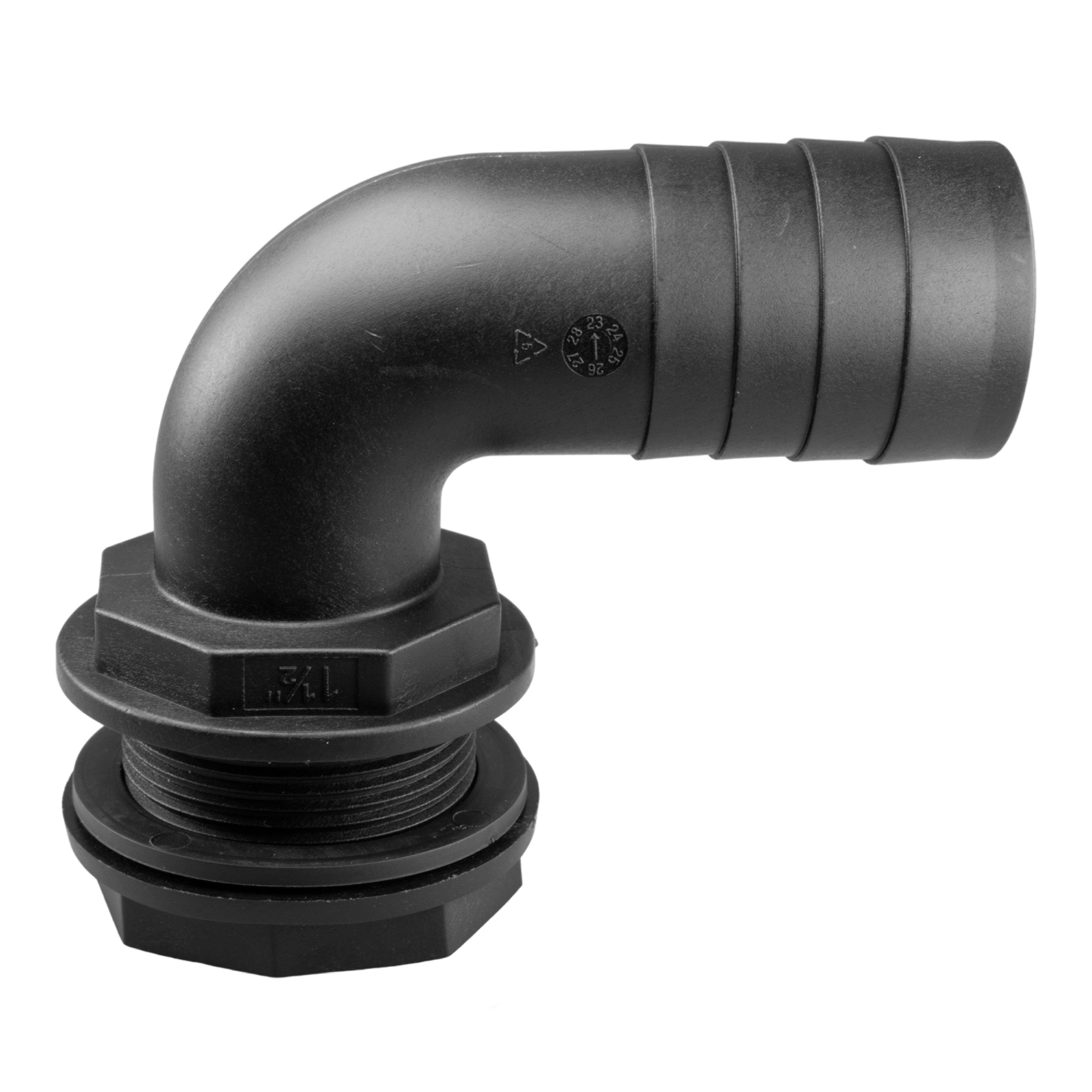 Tank Connector 90 Degree with Washer & Nut 3/4"BSPM - 3/4" Barb