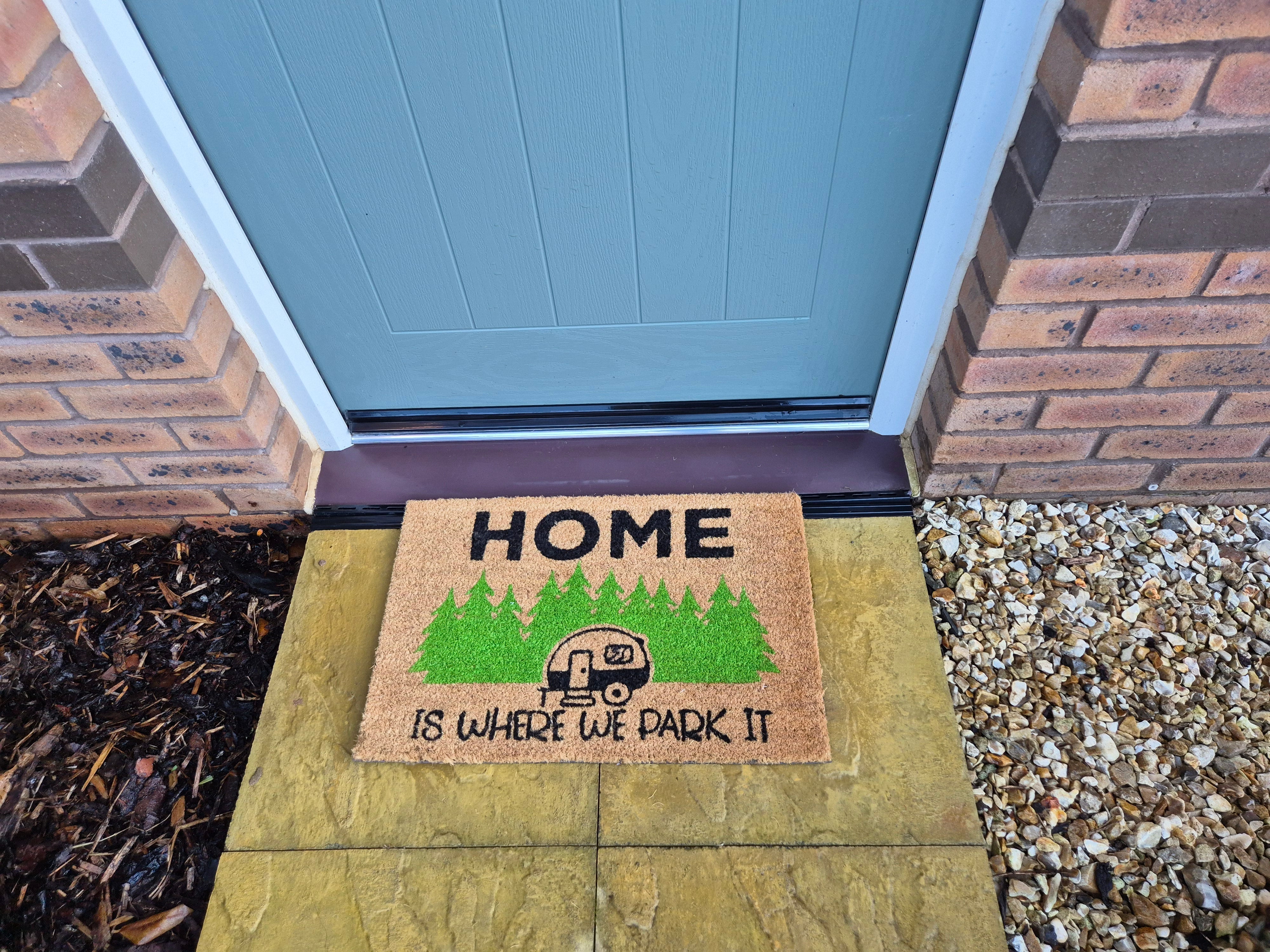 Doormat 60cm x 40cm - 'Home Is Where We Park It' - Absorbent Coir Mat for Indoor/Outdoor