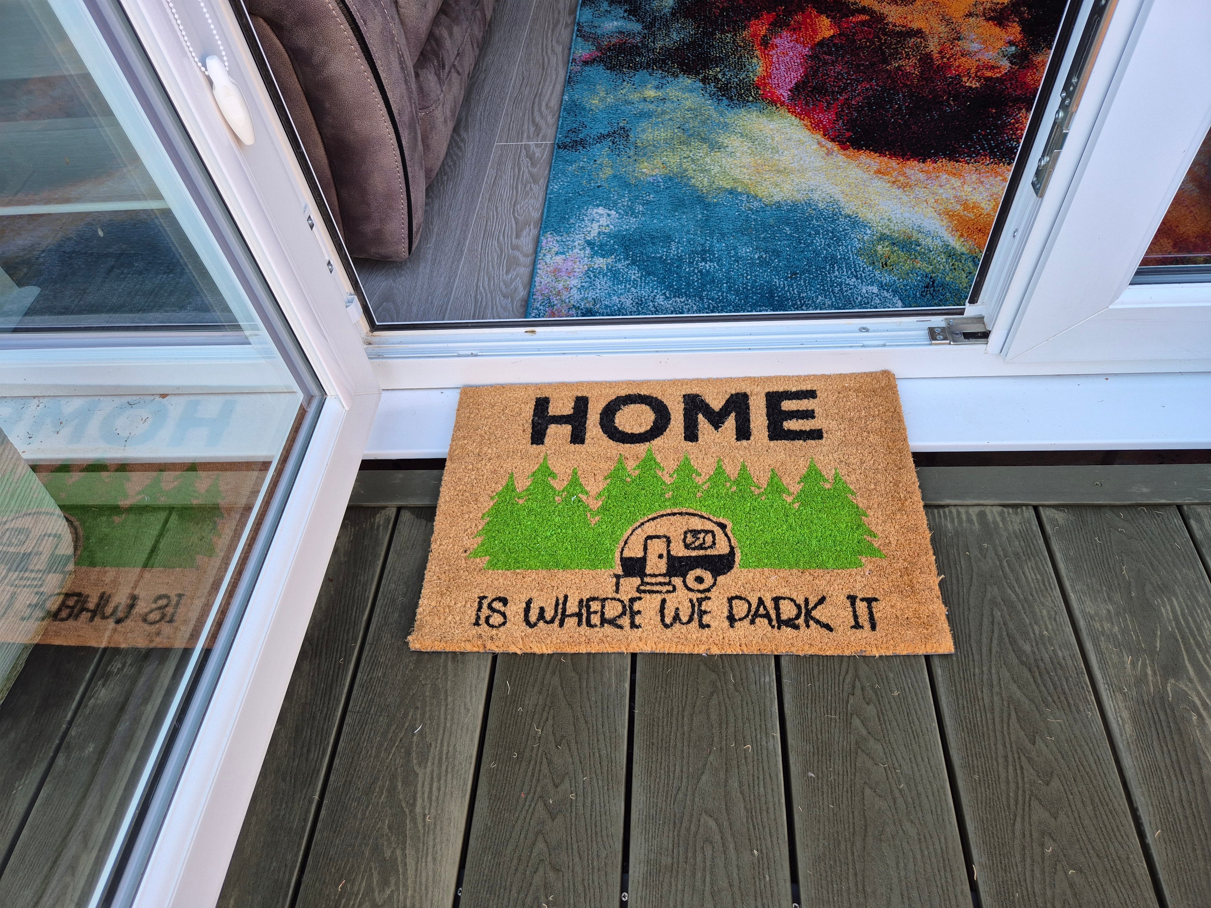 Doormat 60cm x 40cm - 'Home Is Where We Park It' - Absorbent Coir Mat for Indoor/Outdoor