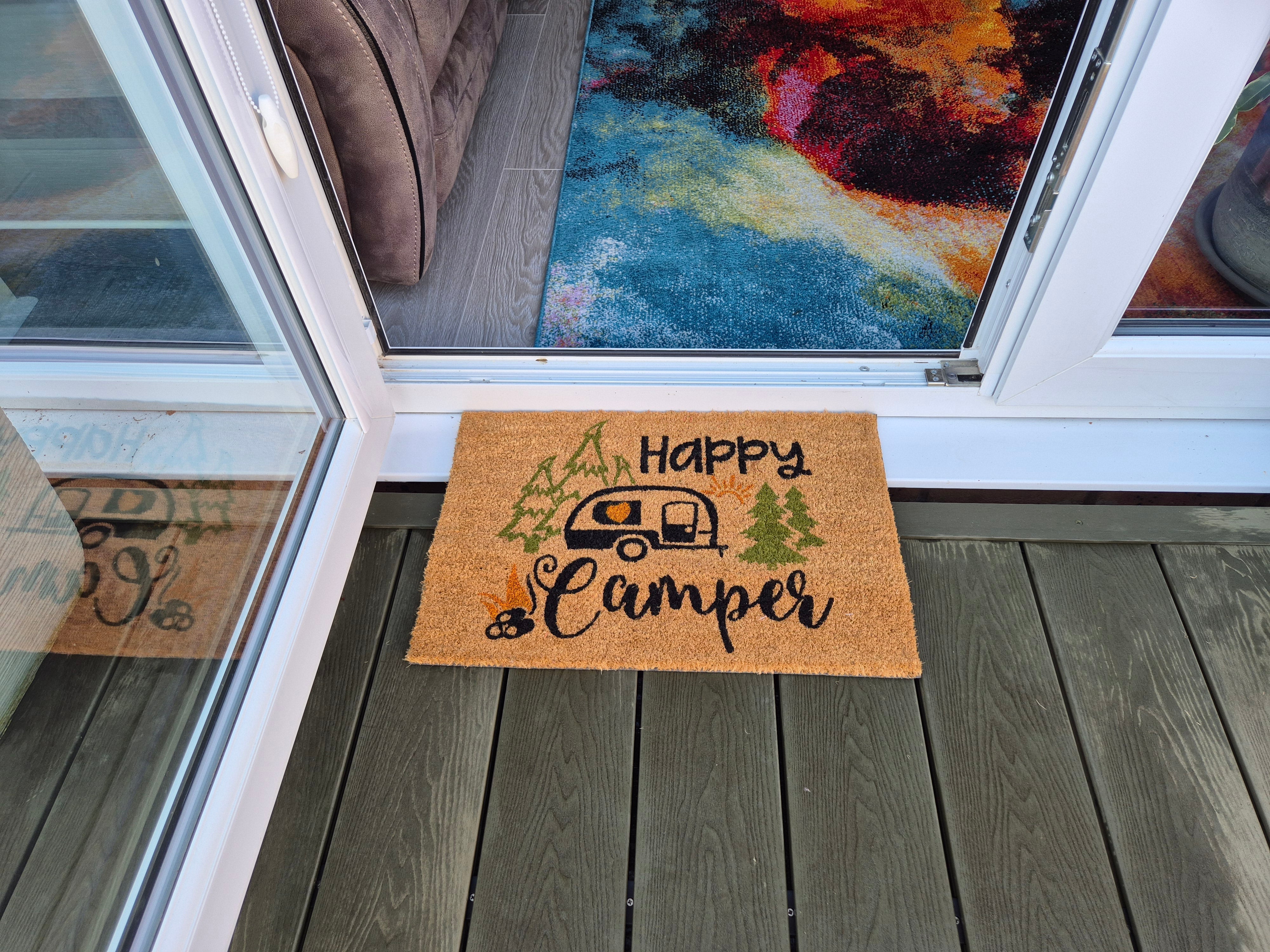Doormat 60cm x 40cm - 'Happy Camper' - Absorbent Coir Mat for Indoor/Outdoor