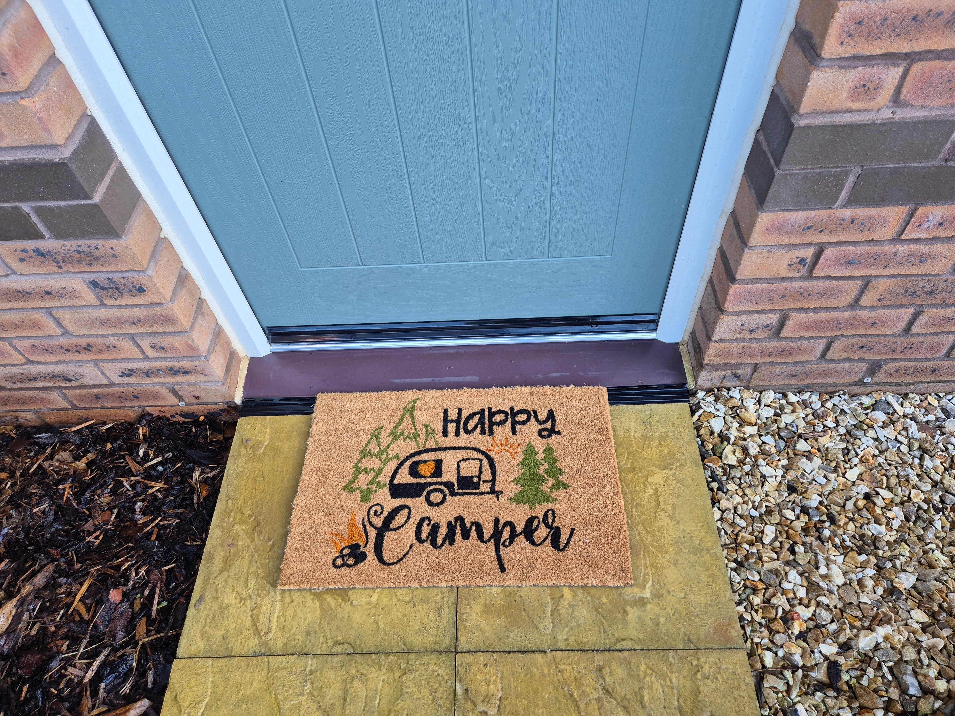 Doormat 60cm x 40cm - 'Happy Camper' - Absorbent Coir Mat for Indoor/Outdoor