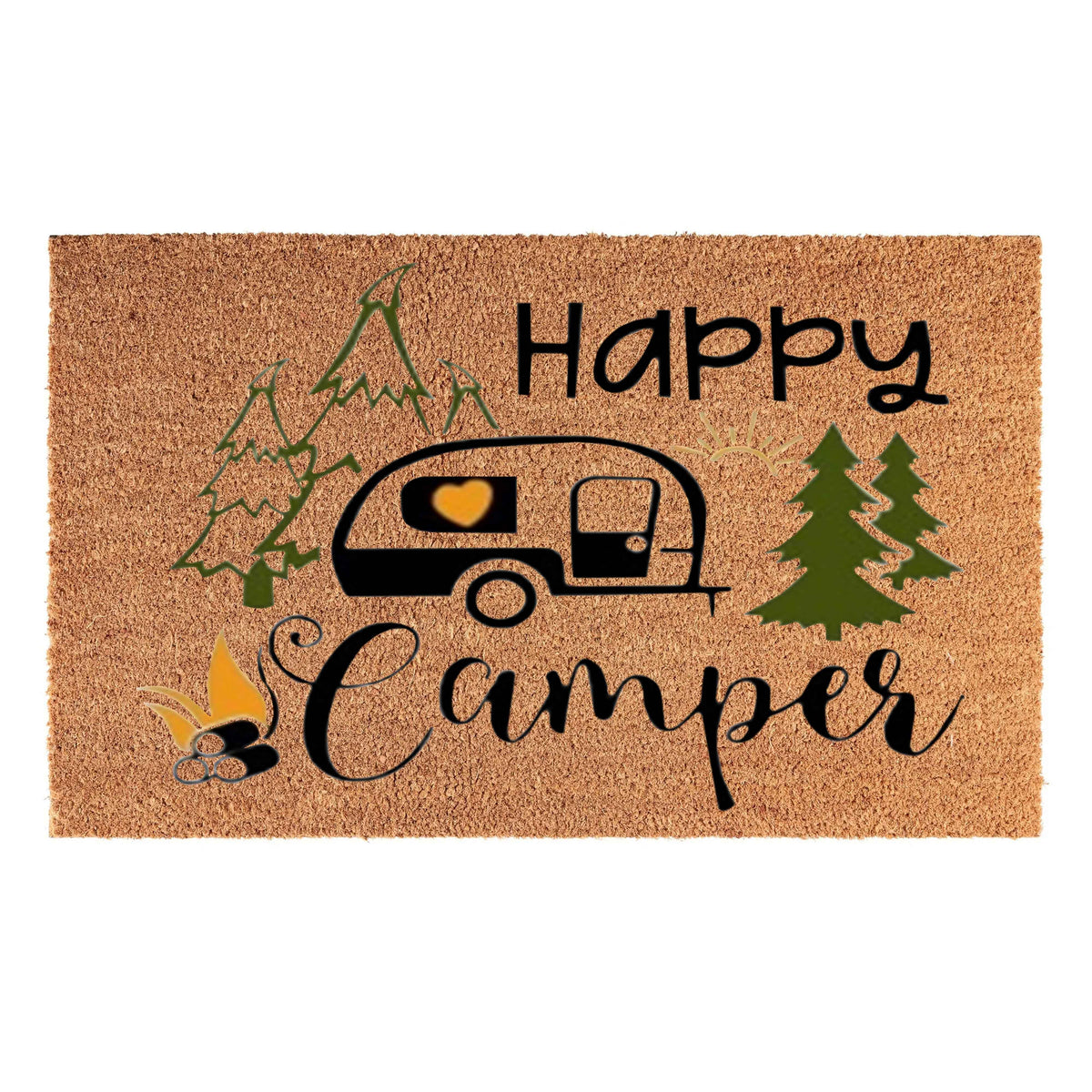Doormat 60cm x 40cm - 'Happy Camper' - Absorbent Coir Mat for Indoor/Outdoor