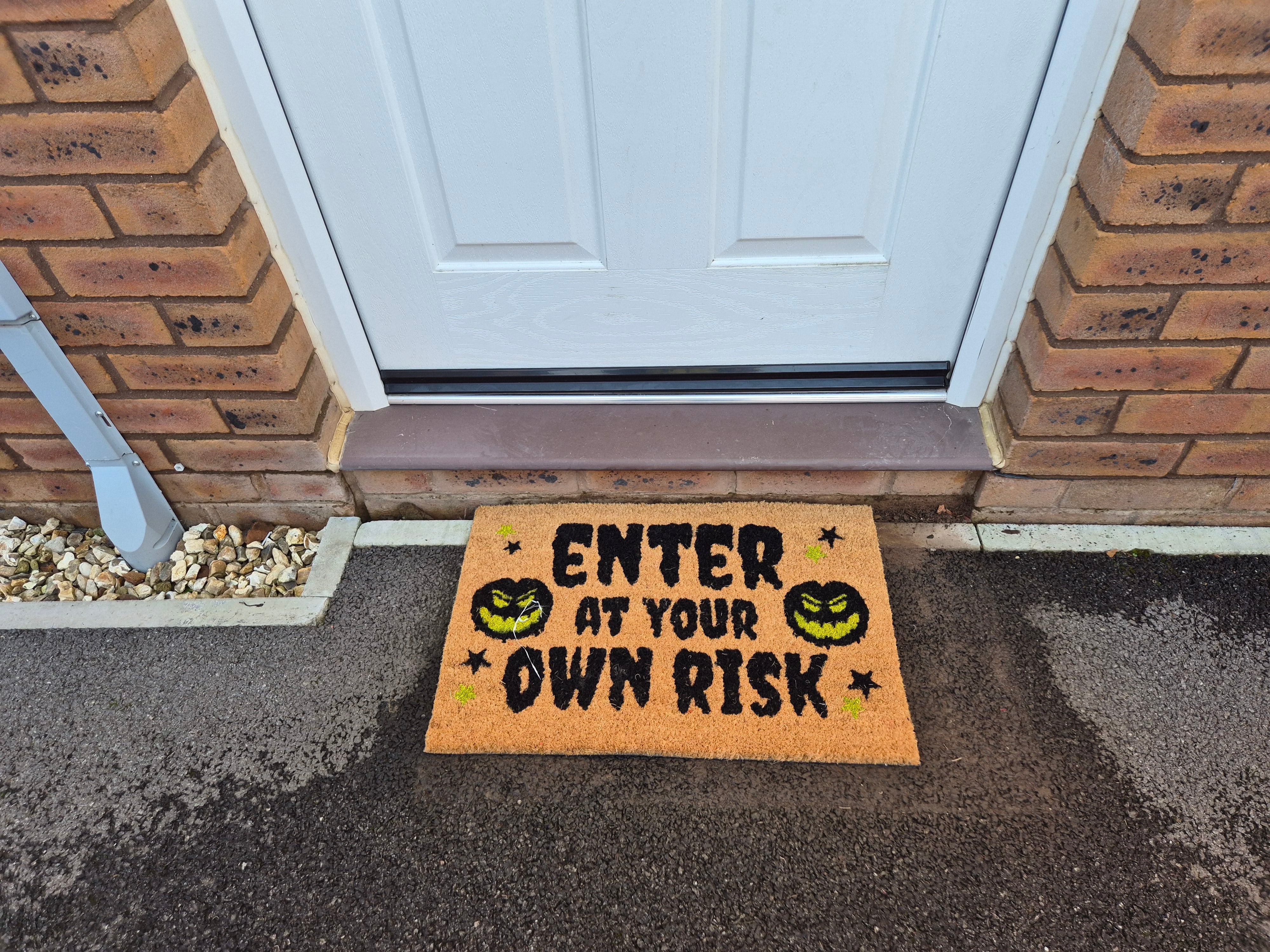 Doormat 60cm x 40cm - 'Enter At Your Own Risk' - Absorbent Coir Mat for Indoor/Outdoor