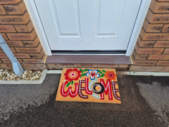 Doormat 60cm x 40cm - 'Welcome' (Flowers) - Absorbent Coir Mat for Indoor/Outdoor