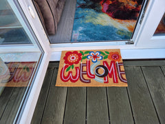 Doormat 60cm x 40cm - 'Welcome' (Flowers) - Absorbent Coir Mat for Indoor/Outdoor