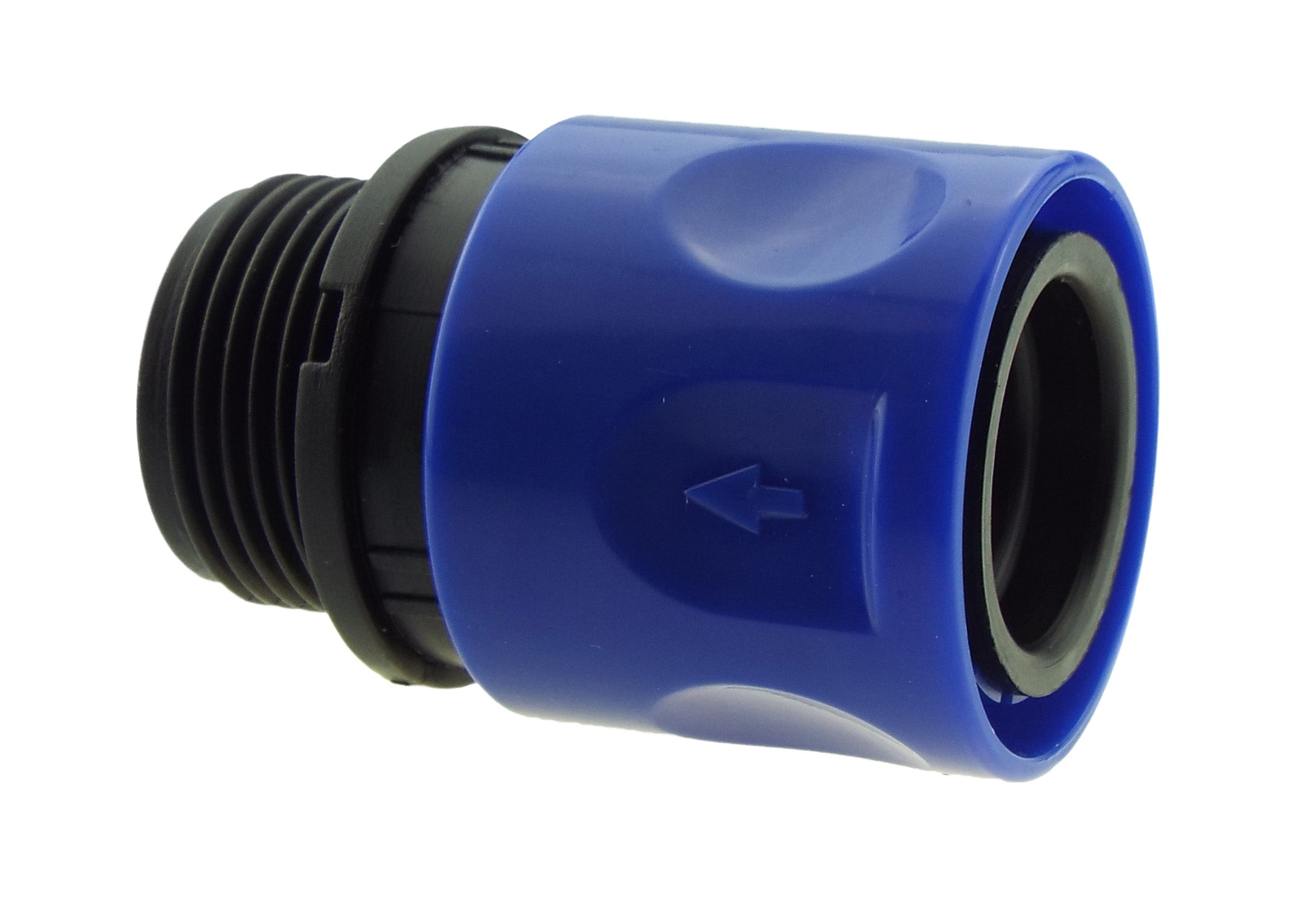 Hose Connector Blue with In-Line BSPF Valve and 20mm MDPE Straight