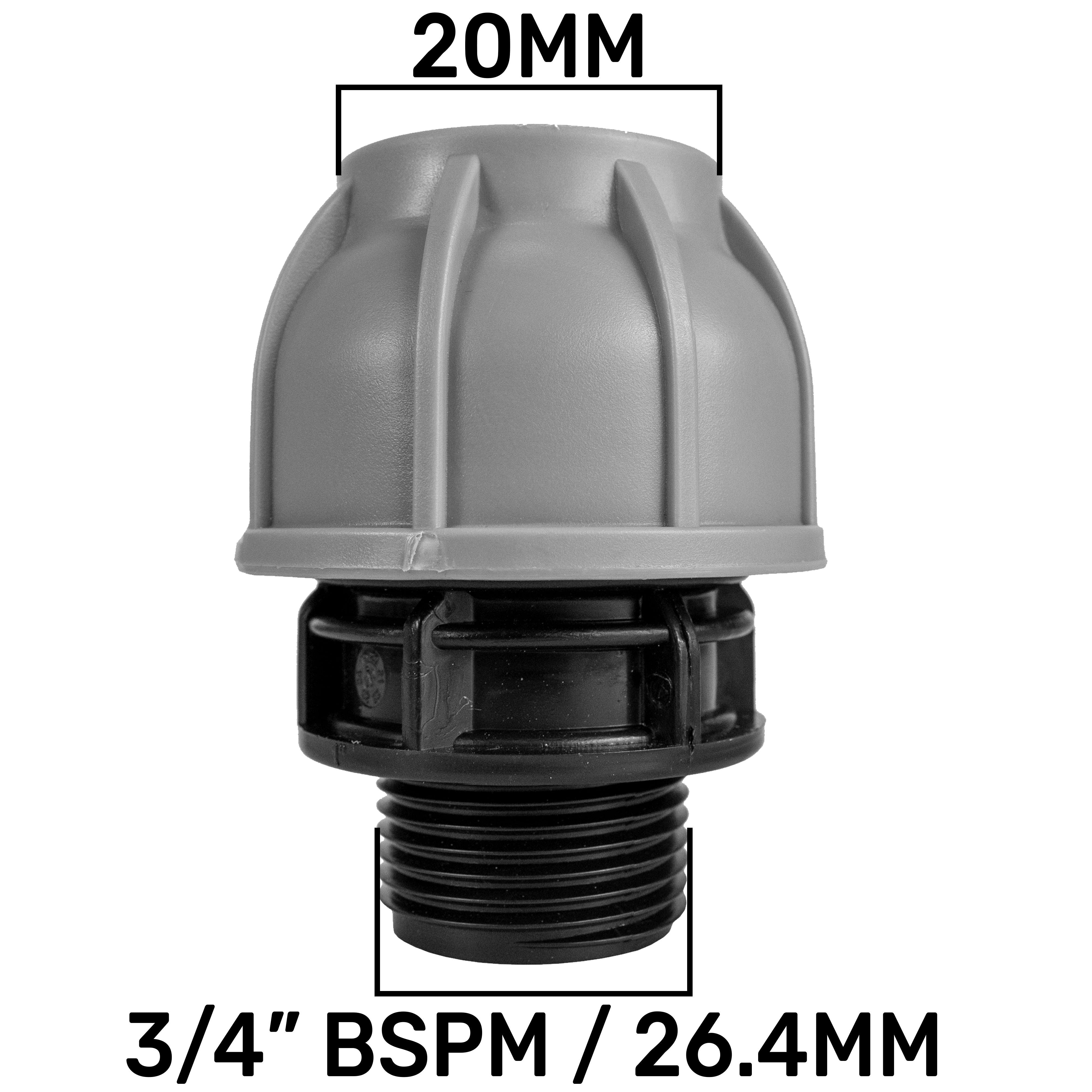 Water Butt Connector 3/4" BSP with In-Line BSPF Valve and 20mm MDPE Straight