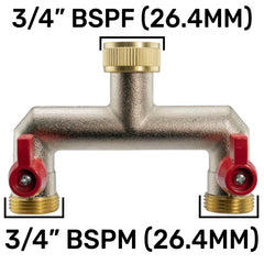 Two Way Tap Splitter Brass 3/4" BSP with Quick Connect Outlets
