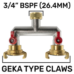 Two Way Tap Splitter Brass 3/4" BSP with Geka Type Outlets