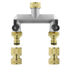 Two Way Tap Splitter Brass 3/4" BSP with Quick Connect and Hose Fittings