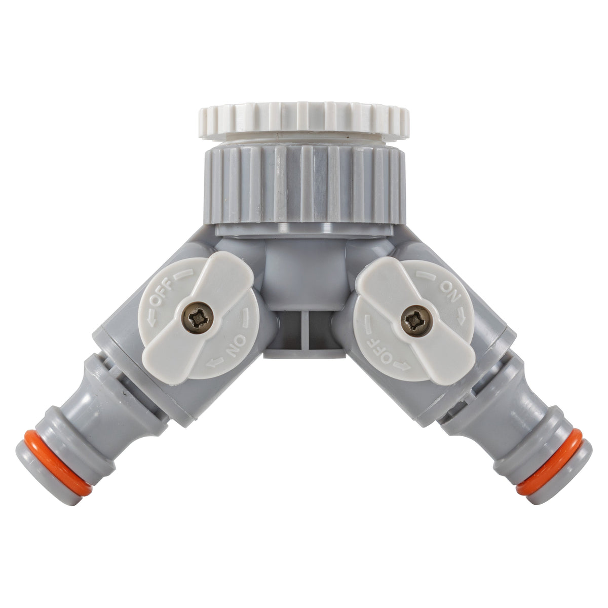 2-Way Tap Connector With Valves 1" or 3/4" BSP Female, Gray/White