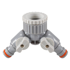 2-Way Tap Connector With Valves 1" or 3/4" BSP Female, Gray/White
