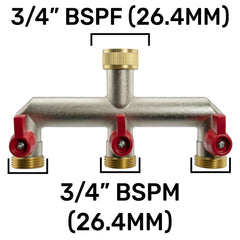 Three Way Tap Splitter Brass 3/4" BSP with Geka Type Outlets