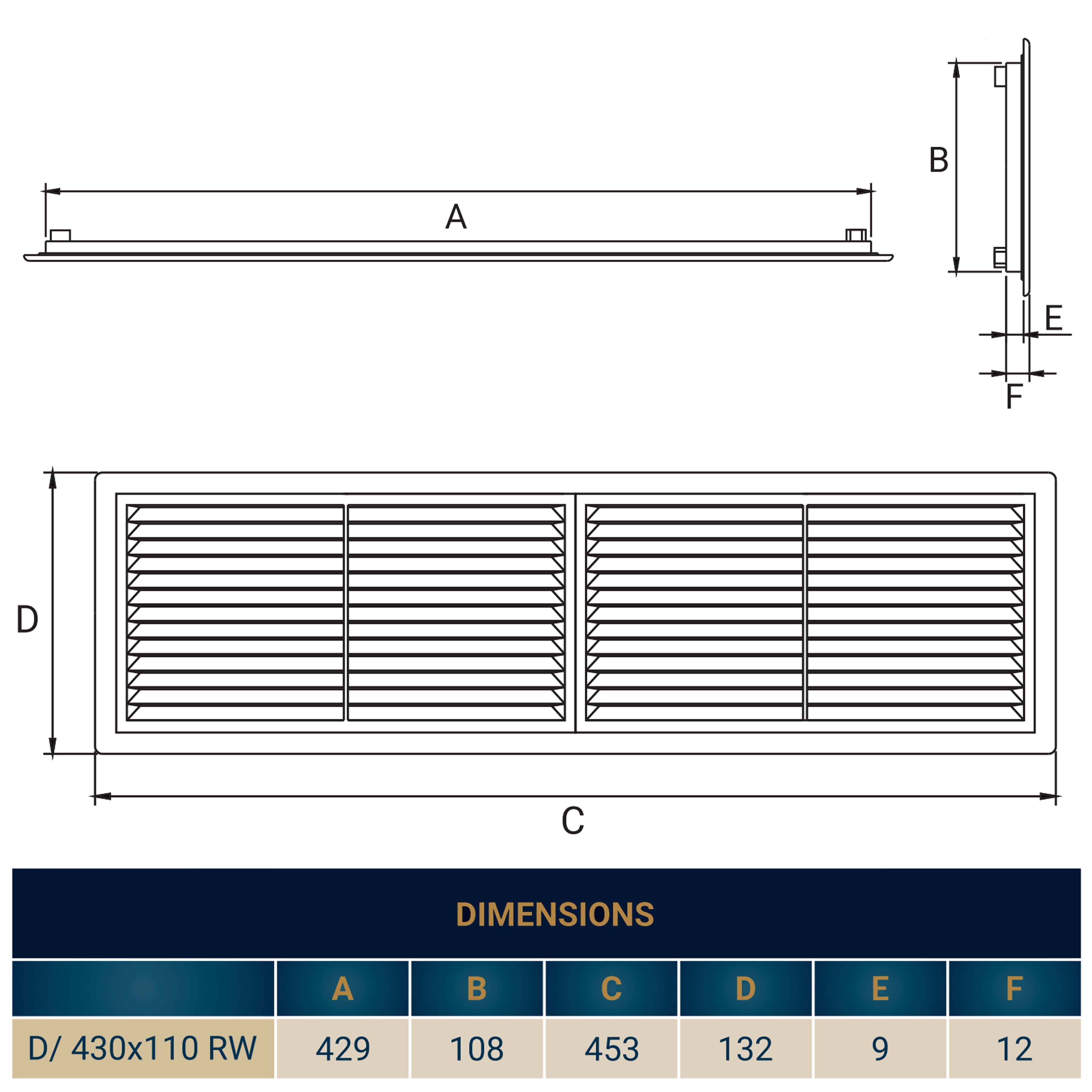 Louvre Vent D/430X110RW Classic 430mm X 110mm with Fly Screen