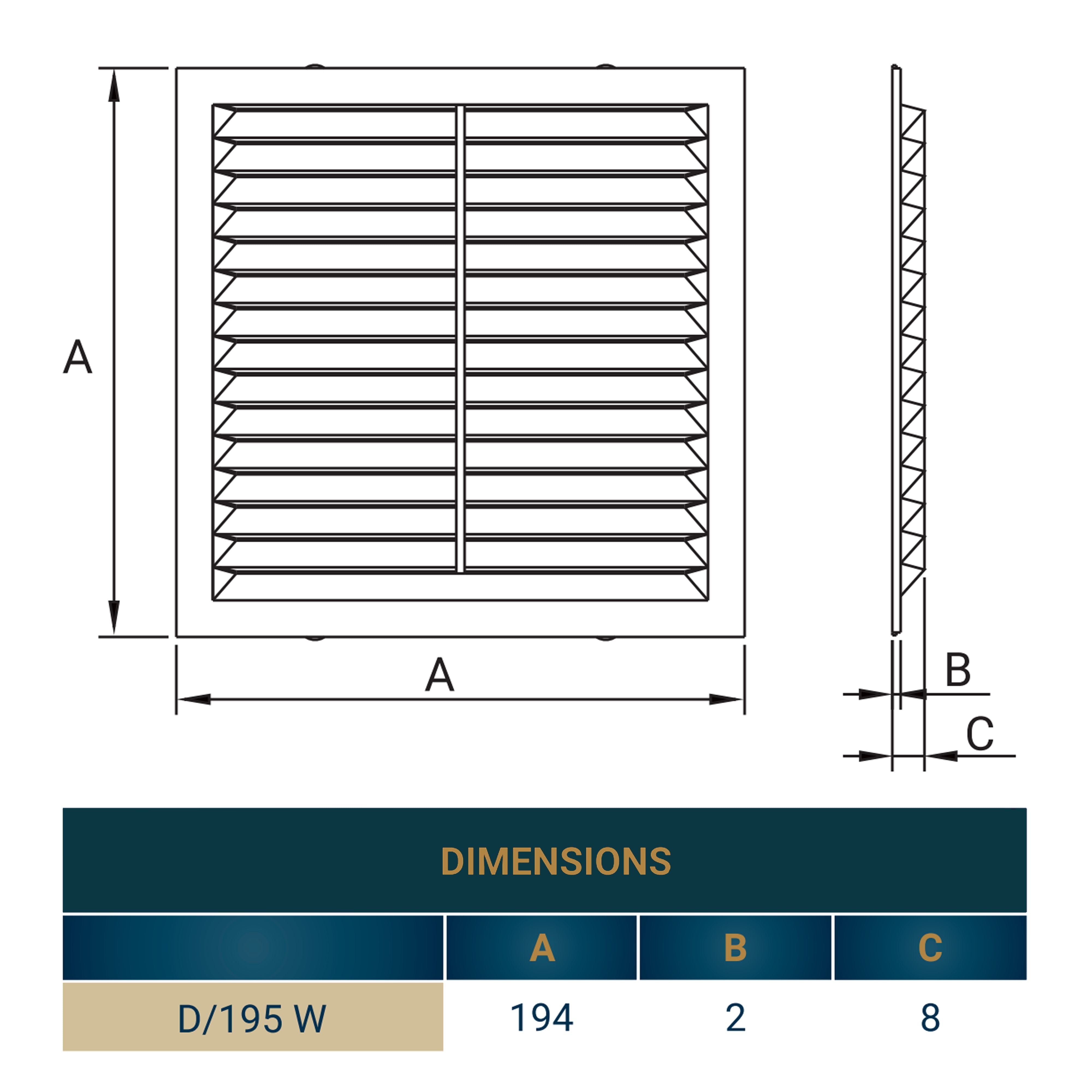Louvre Vent  D/195W 195mm X 195mm with Fly Screen