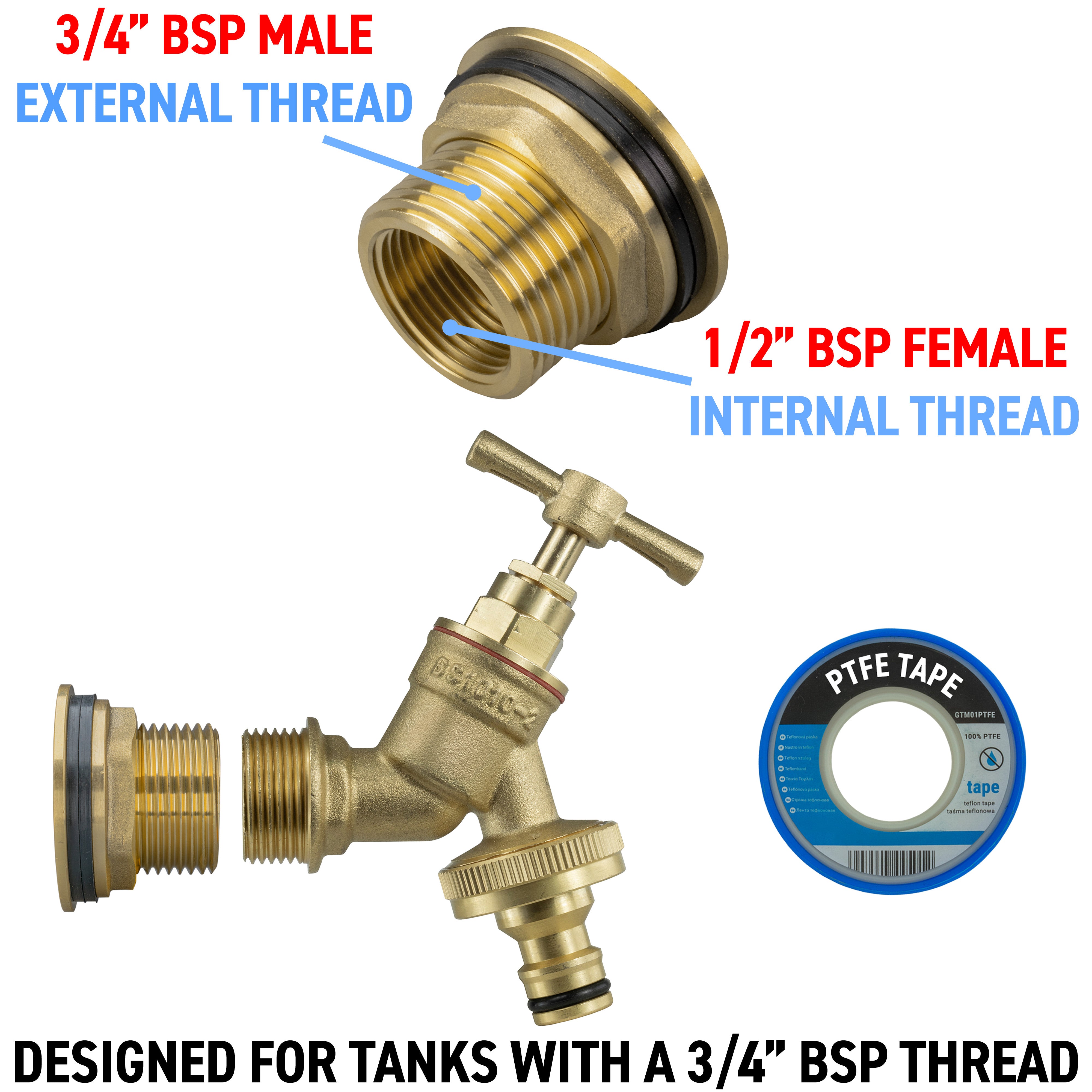 Water Butt Brass Kit 3/4" with Brass Quick Connect Tap and Drill Bit