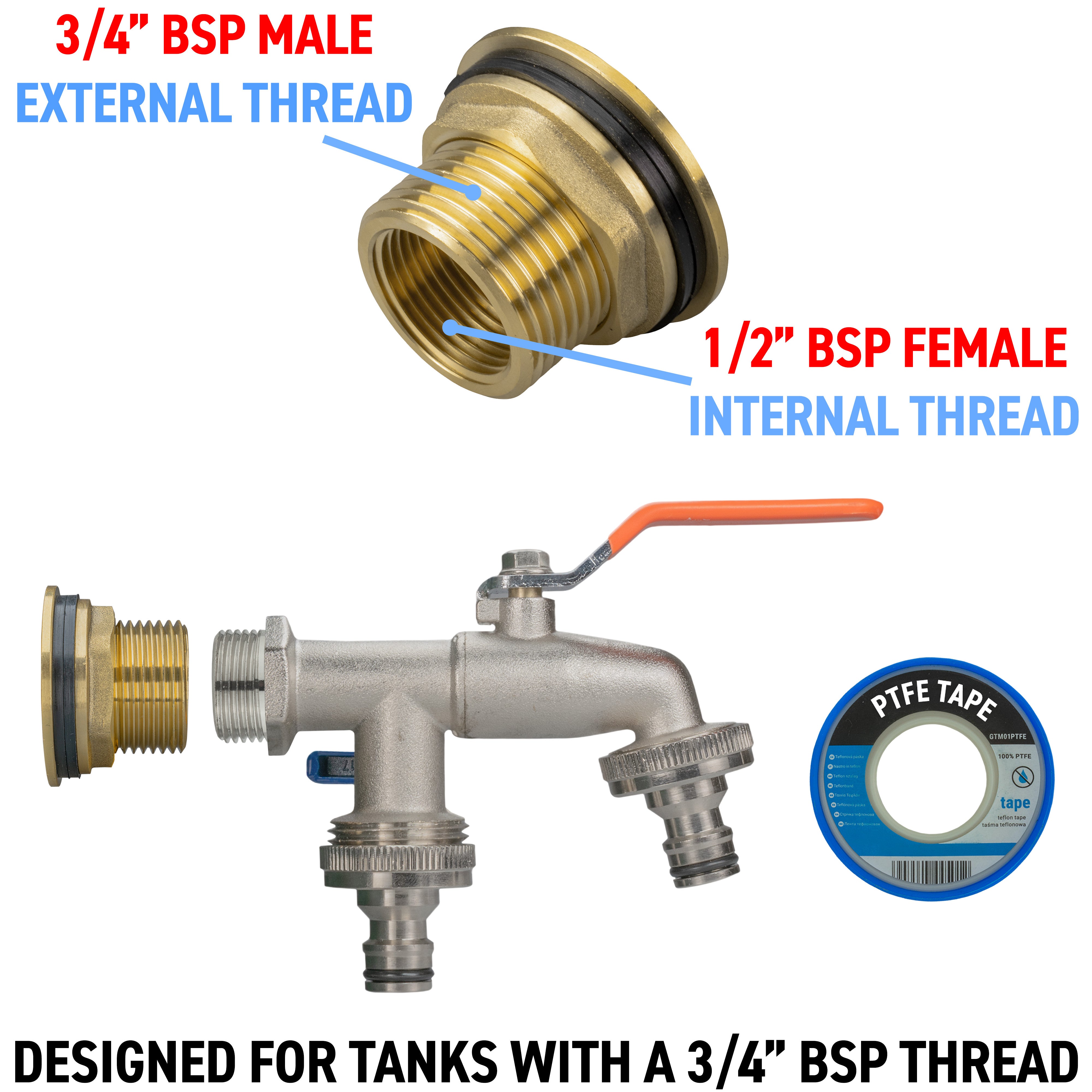 Water Butt Brass Kit 3/4" with Double Quick Connect Tap