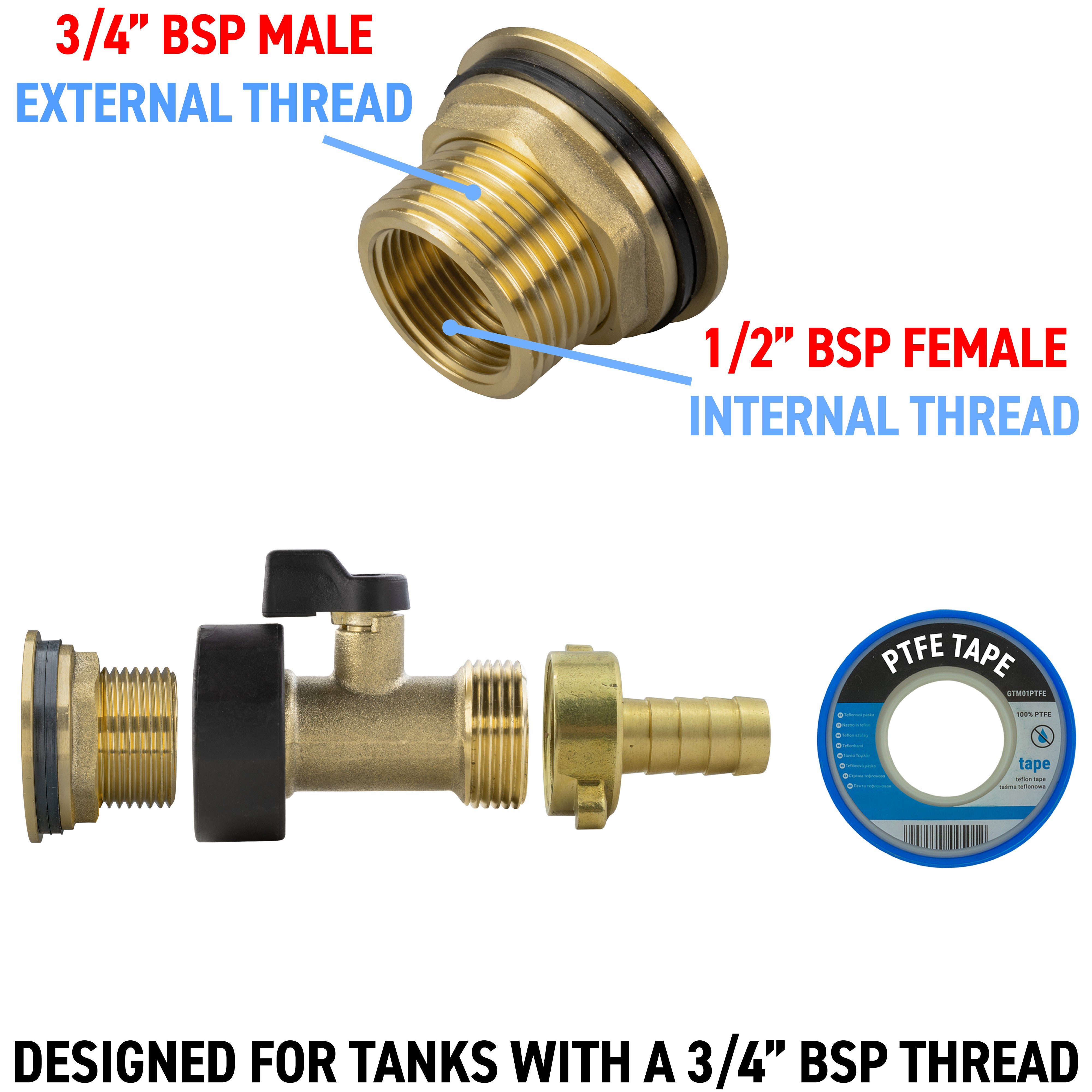Water Butt Brass Kit 3/4" with Brass Valve + 13mm Barb