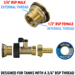 Water Butt Brass Kit 3/4" with Brass Valve + 13mm Barb