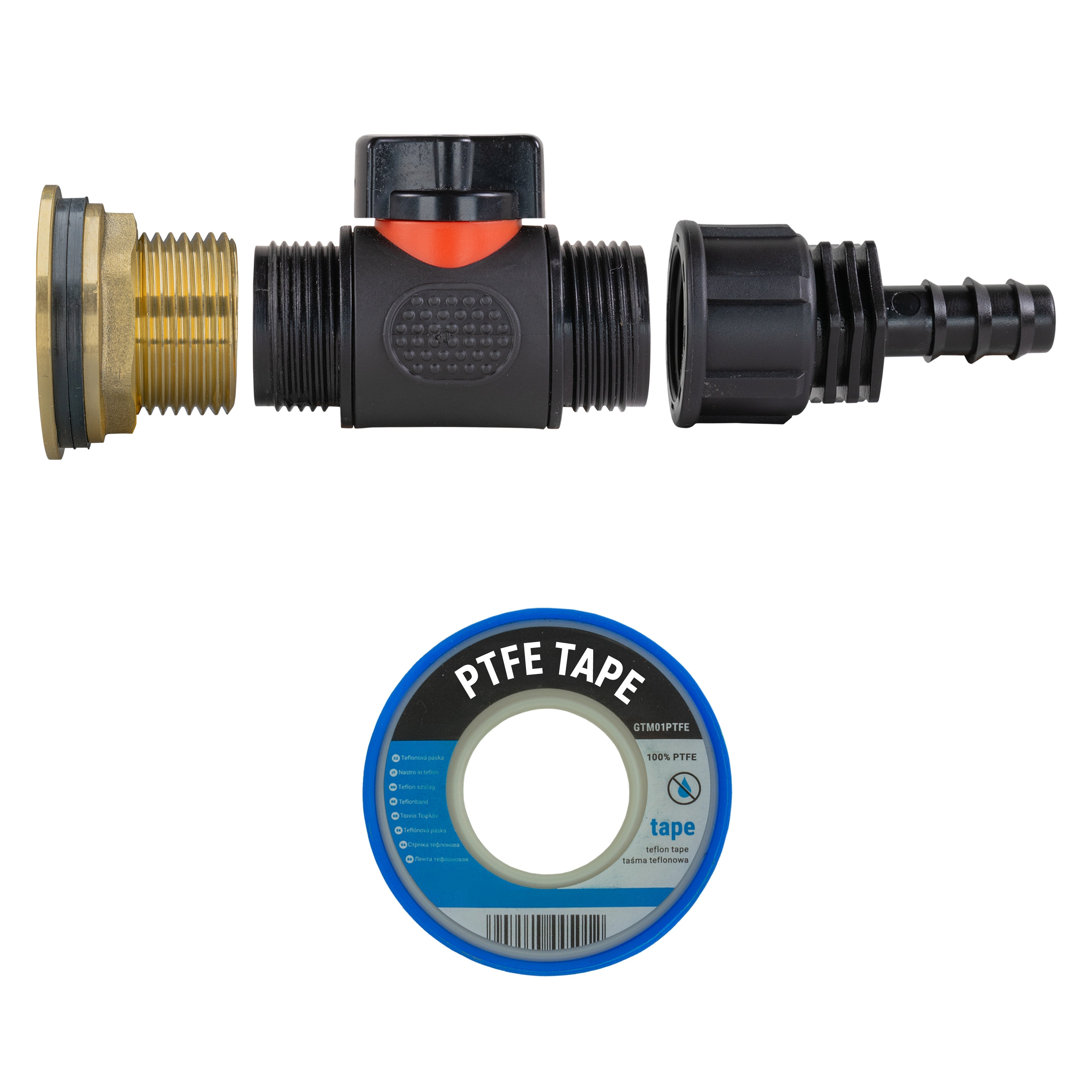 Water Butt Brass Kit 1" with In-Line Valve + 16mm Barb
